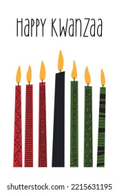 Happy Kwanzaa greeting card with seven long kinara candles - red, black, green decorated with different tribal geometric ornaments. Cute simple vertical poster for African American Kwanzaa celebration