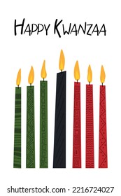 Happy Kwanzaa greeting card with seven long kinara candles - red, black, green decorated with different tribal geometric ornaments. Cute simple vertical poster for African American Kwanzaa celebration