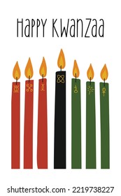 Happy Kwanzaa greeting card with seven long kinara candles - red, black, green decorated with different tribal geometric ornaments. Cute simple vertical poster for African American Kwanzaa celebration