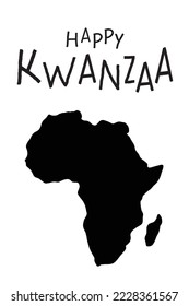 Happy Kwanzaa greeting card. Silhouette of Africa map continent, simpe text logo. Minimalist Kwanza African heritage celebration vertical vector banner, poster design.