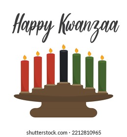 Happy Kwanzaa - greeting card with text. African American etraditional Candleholder kinara vector illustration isolated on white. Seven candles - black, red, yellow