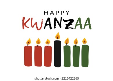 Happy Kwanzaa greeting card with text logo, seven candles in traditional African colors - red, black, green. Simple vector illustration isolated on white background. Banner design for Kwanzaa ethnic