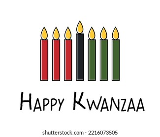 Happy Kwanzaa greeting card with text, seven candles in traditional African colors - red, black, green. Simple vector illustration isolated on white background. Banner design for Kwanzaa ethnic