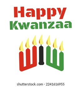 Happy Kwanzaa greeting card with text, seven candles in red, black, green colors.  Simple vector illustration isolated on white background