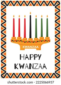 Happy Kwanzaa. Greeting card with traditional candle holder - Kinara with 7 candles, symbolizing principles of Kwanzaa. Frame with African triangle patterns. Color vector illustration on white