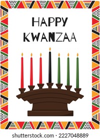 Happy Kwanzaa. Greeting card with traditional candle holder - Kinara with 7 candles, symbolizing principles of Kwanzaa. Frame with African triangle patterns. Color vector illustration on white