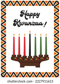 Happy Kwanzaa. Greeting card with traditional candle holder - Kinara with candles, symbolizing seven principles of Kwanzaa. Frame with African triangle patterns. Color vector illustration on white