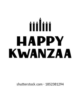 Happy Kwanzaa hand lettering with candles isolated on white. African American holiday. Vector template for typography poster, banner, greeting card, postcard, flyer, sticker, etc.