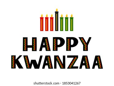 Happy Kwanzaa hand lettering with candles isolated on white. African American holiday. Vector template for greeting card, typography poster, banner, postcard, flyer, sticker, etc.