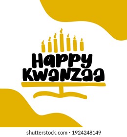 Happy Kwanzaa hand lettering with candles isolated on white. African American holiday. Vector template for typography poster, banner, greeting card, postcard, flyer, sticker, etc. Vector illustration