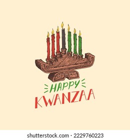 Happy Kwanzaa hand lettering, candles holder Kinara, drawn illustration, holiday vector background