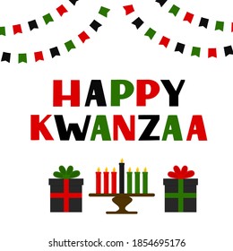 Happy Kwanzaa hand lettering with flags, candles and gift boxes. African American holiday. Vector template for typography poster, banner, greeting card, postcard, sticker, flyer, etc.