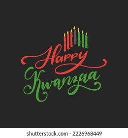 Happy Kwanzaa hand lettering, holiday vector background, poster template with seven candles illustration, Pan African symbols