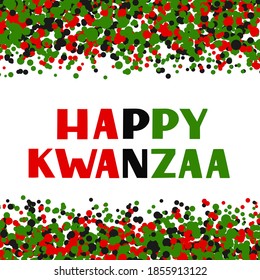 Happy Kwanzaa hand lettering on red, green, black dots confetti background. African American holiday. Vector template for typography poster, banner, greeting card, postcard, sticker, flyer, etc.