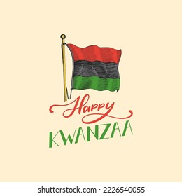 Happy Kwanzaa hand lettering, Pan African Flag, drawn illustration, holiday vector background