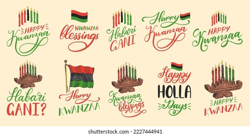 Happy Kwanzaa hand lettering set, candles holder Kinara and Pan African Flag, drawn illustrations, holiday vector background