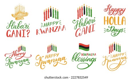 Happy Kwanzaa hand lettering set, candles holder Kinara and Pan African Flag, drawn illustrations, holiday vector background