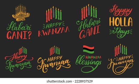 Happy Kwanzaa hand lettering set, candles holder Kinara and Pan African Flag, drawn illustrations, holiday vector background