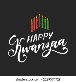 Happy Kwanzaa hand lettering, seven candles for Kinara holder, drawn illustration, holiday vector background, poster template with Pan African symbols