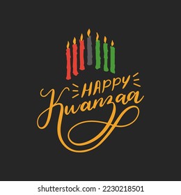 Happy Kwanzaa hand lettering, seven candles for Kinara holder, drawn illustration, holiday vector background, poster template with Pan African symbols