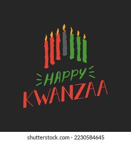 Happy Kwanzaa hand lettering, seven candles for Kinara holder, drawn illustration, holiday vector background, poster template with Pan African symbols