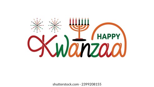 Happy Kwanzaa handwritten calligraphy with seven candles and a Kinara holder. Great for greeting cards, posters, flyers, and banners. Text Illustration Vector 