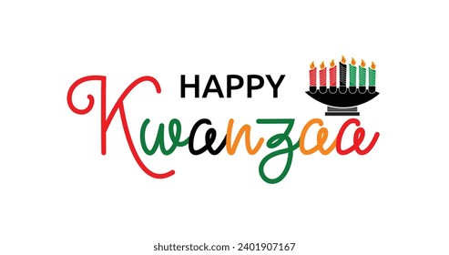 Happy Kwanzaa handwritten calligraphy with seven candles and a Kinara holder. Great for greeting cards, posters, flyers, and banners. Text Illustration Vector