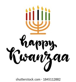 Happy Kwanzaa handwritten text for traditional african american ethnic holiday vector illustration. Concept design for greeting card with kinara and burning black, red, green colored candles.