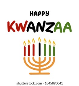 Happy Kwanzaa handwritten text for traditional african american ethnic holiday. Concept design for greeting card with kinara and burning black, red, green colored candles. Vector illustration.