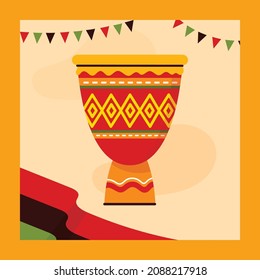 Happy Kwanzaa handwritten text for traditional african american ethnic holiday. Concept design for greeting card with kinara and burning black, red, green colored candles. Vector illustration.