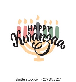 Happy Kwanzaa handwritten text for traditional african american ethnic holiday. Concept design for greeting card with kinara and burning black, red, green colored candles. Hand lettering, calligraphy