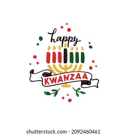 Happy Kwanzaa handwritten text for traditional african american ethnic holiday. Concept design for greeting card with kinara and burning black, red, green colored candles. Hand lettering, calligraphy