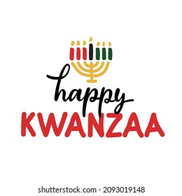 Happy Kwanzaa handwritten text for traditional african american ethnic holiday. Concept design for greeting card with kinara and burning black, red, green colored candles. Hand lettering, calligraphy