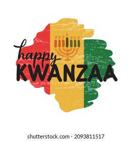 Happy Kwanzaa handwritten text for traditional african american ethnic holiday. Concept design for greeting card on abstract red yellow green background. Hand lettering typography, calligraphy. Vector