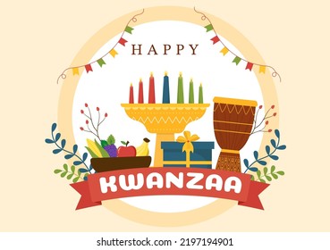 Happy Kwanzaa Holiday African Template Hand Drawn Cartoon Flat Illustration with Order of Name of 7 principles in Candles Symbols Design