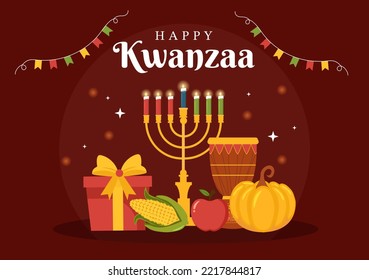 Happy Kwanzaa Holiday African Template Hand Drawn Cartoon Flat Illustration with Order of Name of 7 principles in Candles Symbols Design