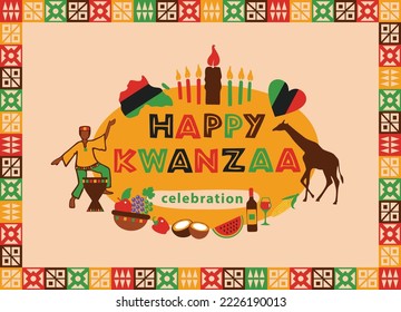 Happy Kwanzaa holiday background. African American culture festival. Colorful bright background for greeting card, invitation, wrapping paper  with text Happy Kwanzaa and candles.