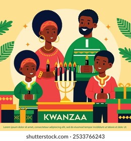 Banner feliz do feriado de Kwanzaa, Ilustração plana do desenho animado da família afro-americana que celebra o feriado de Kwanzaa Ilustração do vetor.