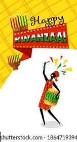 Happy Kwanzaa holiday celebration design. Kwanzaa greeting card with kinara candles and black woman person playing drum. African American culture tradition decoration vector illustration