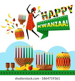 Happy Kwanzaa holiday greeting card. Kwanzaa celebration design with candles, drum and black woman person. African American culture tradition decoration vector illustration