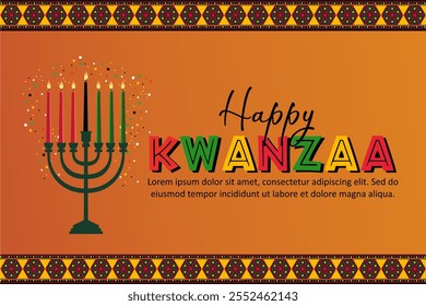 Happy Kwanzaa holiday greeting card, Kwanzaa celebration design with seven candles and festive patterns. Vector illustration.