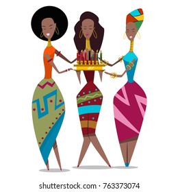 Happy Kwanzaa holiday illustration. Vector cartoon flat character of three african american women with candles isolated on a white background.