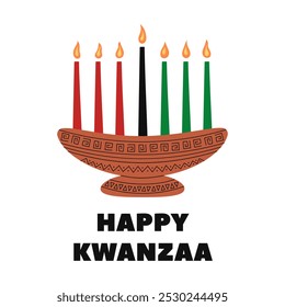 Feliz feriado no Kwanzaa. Ilustração em cartaz quadrado vetorial do símbolo e texto do Kwanzaa kinara africano. Sete velas em suporte de vela com ornamento tradicional.