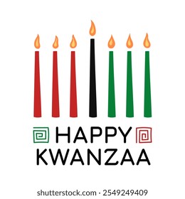 Felices vacaciones en Kwanzaa. Ilustración de cartel cuadrado de Vector del símbolo y texto de kinara Kwanzaa africana. Siete velas en candelabro con adorno tradicional