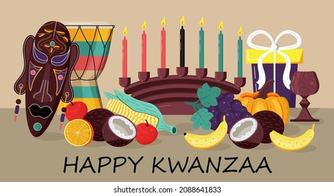 Happy Kwanzaa Invitation Vector For Web, Card, Social Media.  Happy Kwanza Celebrated From 26 December To 1 January. Seven Candles Lighted. Fruits, Pumpkin, Mask Are On The Table.