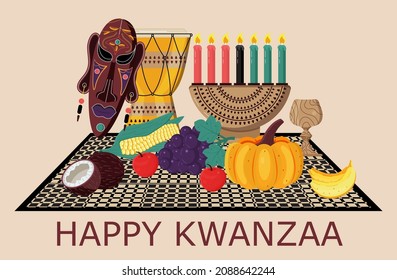 Happy Kwanzaa Invitation Vector For Web, Card, Social Media.  Happy Kwanza Celebrated From 26 December To 1 January. Seven Candles Lighted. Fruits, Pumpkin, Mask Are On The Table.