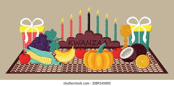 Happy Kwanzaa Invitation Vector For Web, Card, Social Media.  Happy Kwanza Celebrated From 26 December To 1 January. Seven Candles Lighted. Fruits, Pumpkin, Mask Are On The Table.