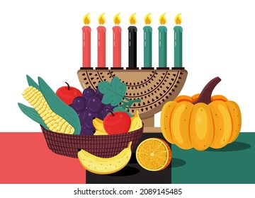 Happy Kwanzaa Invitation Vector For Web, Card, Social Media.  Happy Kwanza Celebrated From 26 December To 1 January. Seven Candles Lighted. Fruits, Pumpkin, Mask Are On The Table.