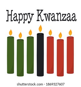 Happy Kwanzaa - lettering. Greeting card for African-American and Pan-African ethnic holiday heritage with seven traditional colored candles - black, green, red. Vector illustration isolated on white