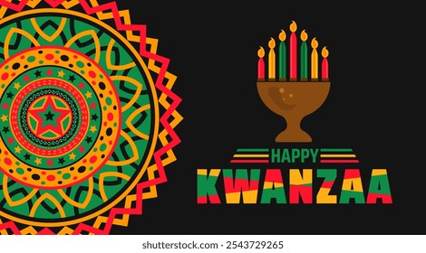 Feliz Kwanzaa mandala celebração fundo, cartaz ou banner design template. celebração anual da cultura afro-americana de 26 de dezembro a 1 de janeiro. Conceito de férias.